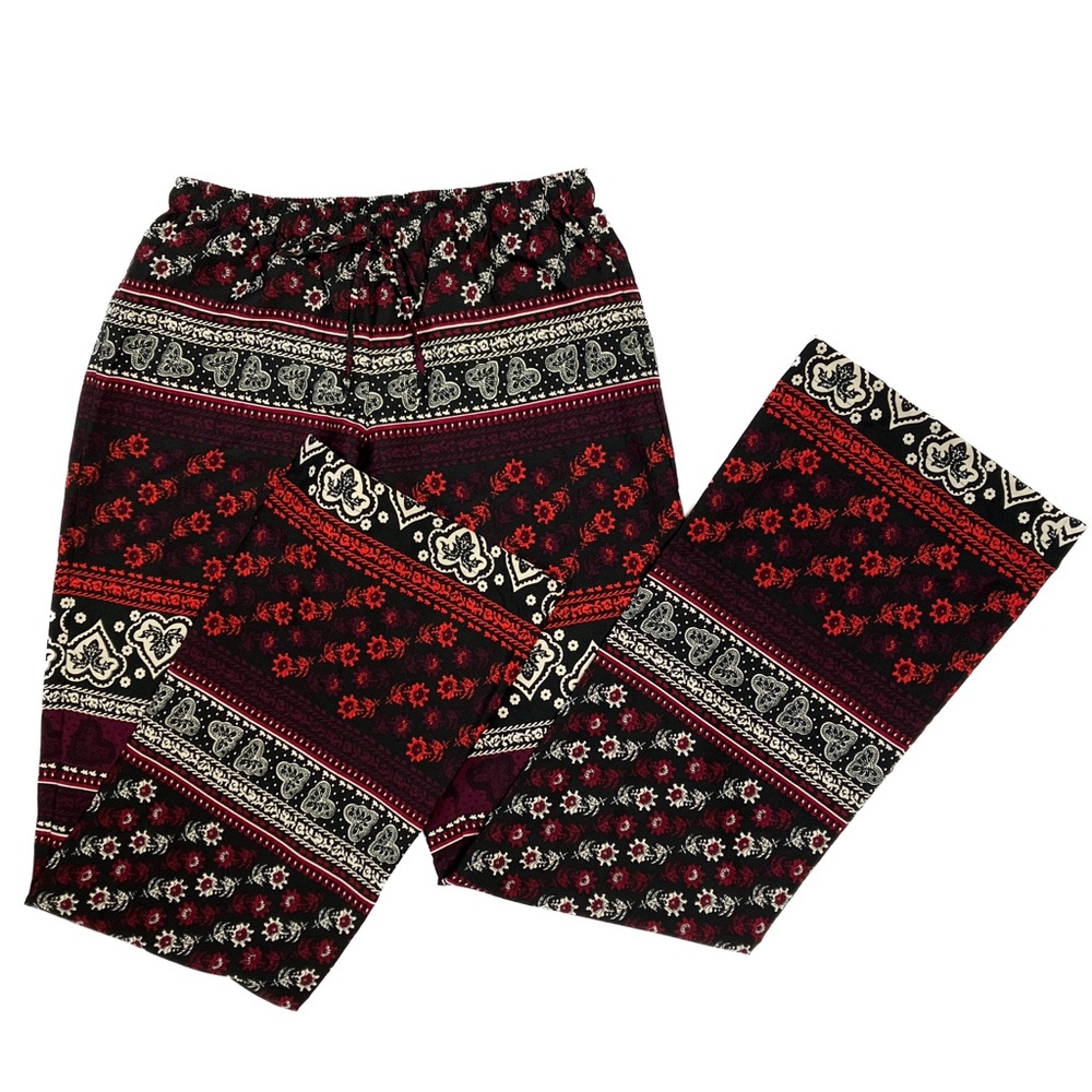Vanilla Star Bohemian Drawstring Wide Leg Pants in Purple & Red Print XS